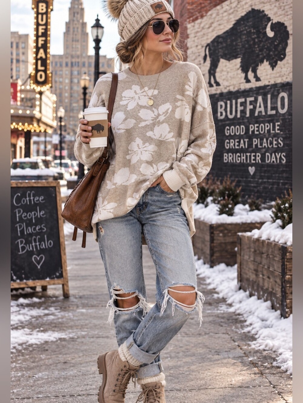 Crown & Ivy NWT Medium Oatmeal Ivory Floral Sweater Relaxed Soft Knit Crewneck
